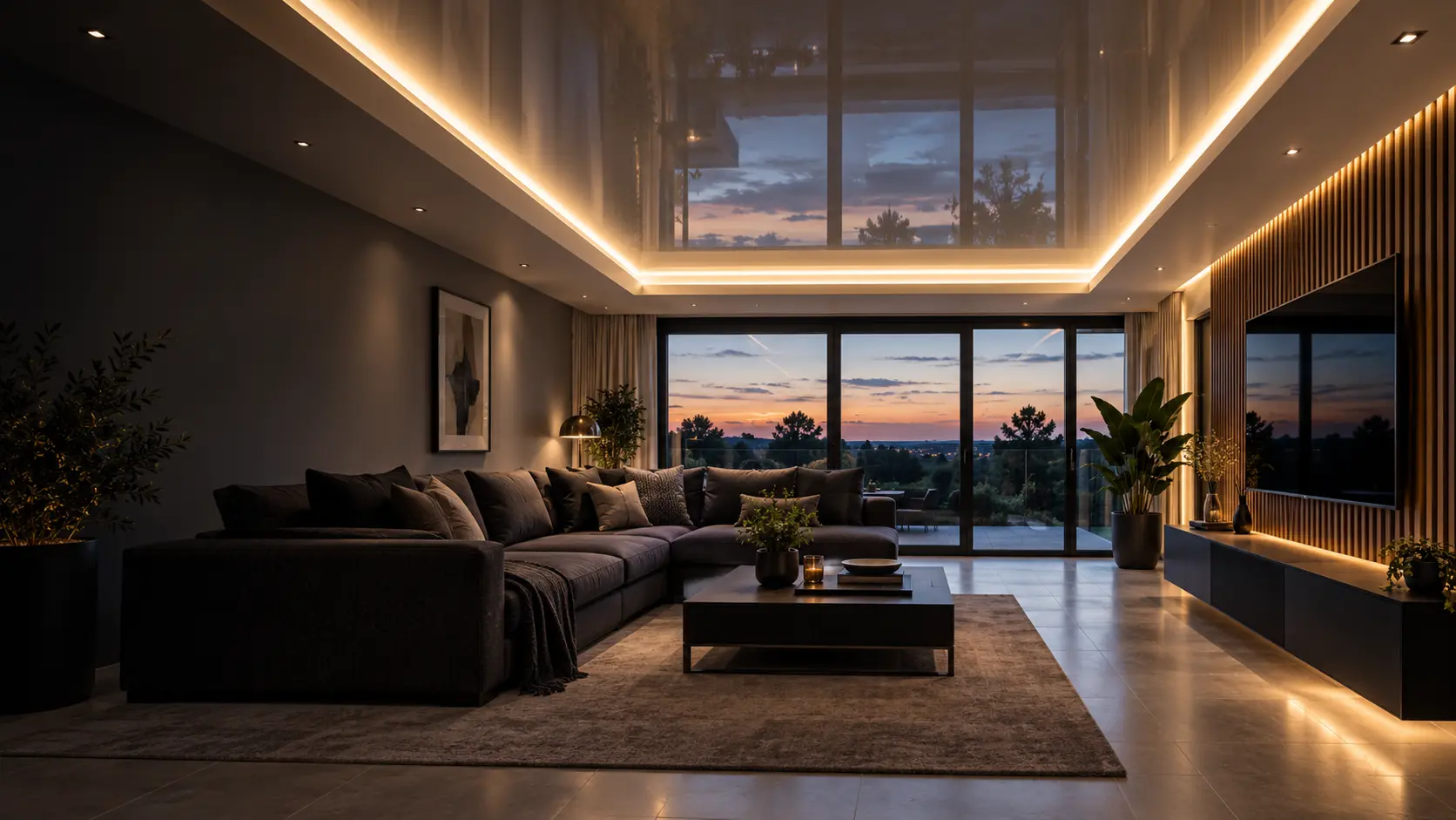 Contemporary living room with a seamless high-gloss stretch ceiling and warm perimeter LED lighting