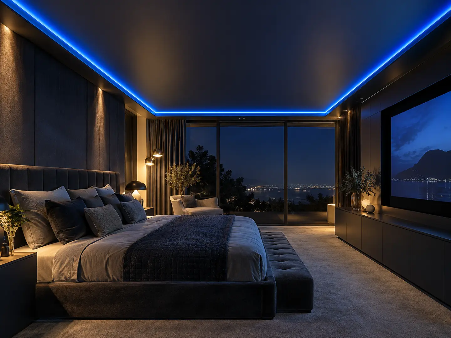 Dark contemporary bedroom with precise blue LED lighting integrated around the stretch ceiling