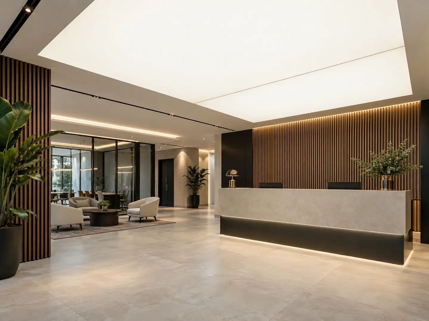 Premium commercial reception with large evenly illuminated stretch-ceiling panels