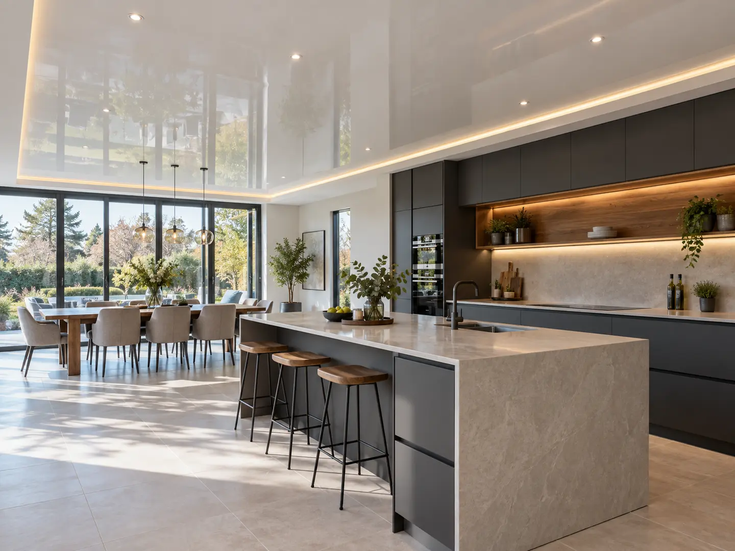 Bright contemporary kitchen with a seamless high-gloss stretch ceiling and warm integrated LED lighting